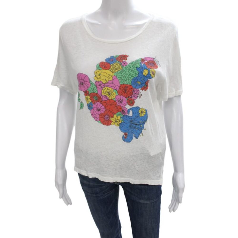 Lauren Moshi Women Basic Floral Scoop Neck White Short Sleeve T-Shirt Size L